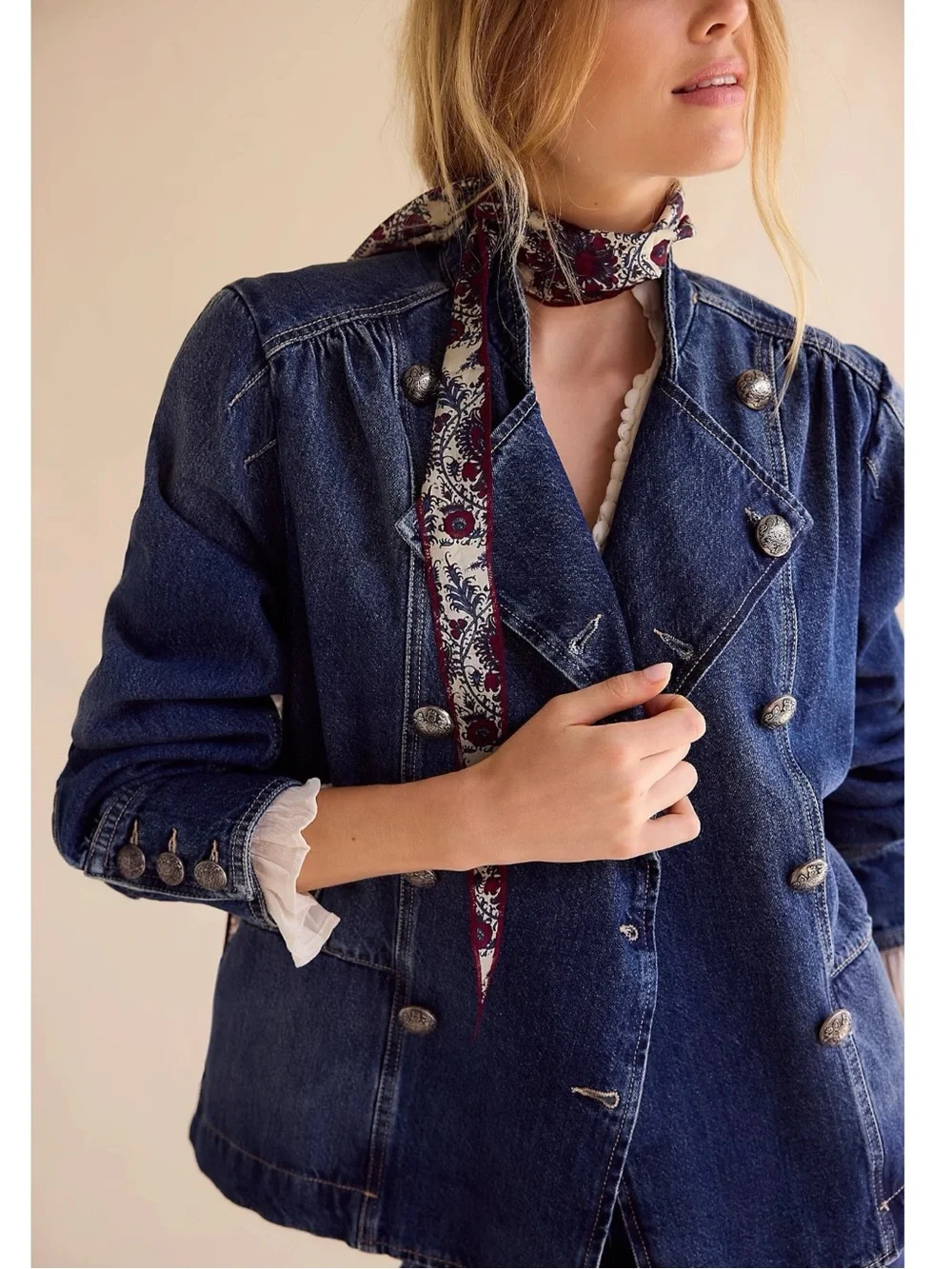 Free People Imogene Denim Officer Jacket in Ensign Wash Large Military Denim - Picture 5 of 16